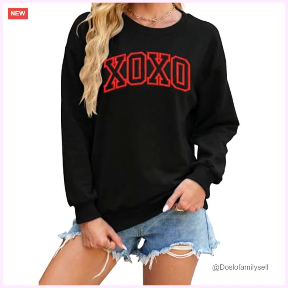 Valentine Embroidered Striped Sweatshirt Long Sleeve Top Cozy Ribbed Knit - Picture 2 of 5